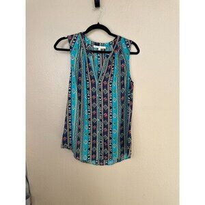 Daniel Rainn Womens Blue Blouse‎ Small sleeveless striped polyester v-neck